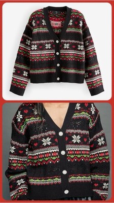 Ex Next Damen schwarz Weihnachten gemustert Knopfleiste Cardigan Größen 6-26