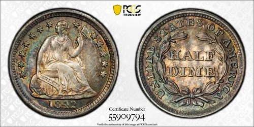 5c 1842 Seated Liberty Half Dime PCGS AU Detail, NICE ALBUM TONE! *  AvenueCoin