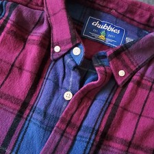 Chubbies Men's Med Flannel Pink Blue Plaid Button Down "The Weekend Has Arrived"
