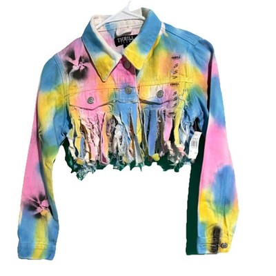 THRILL JEANS Tie Dye Fringe Cropped Jean Jacket Multicolor S Long Sleeve