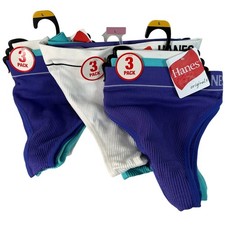 9 Pairs Hanes Originals Womens Cotton Thong Underwear L Purple White Teal Ribbed