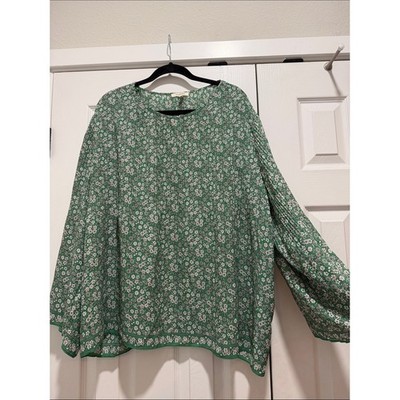 Max Studio Women's Green Floral Long-Sleeve Blouse Pleated 2X