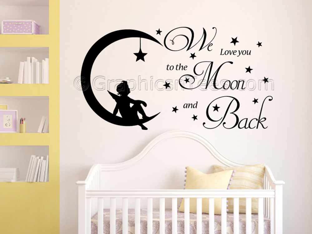 Nursery Wall Sticker Quote, We Love You to The Moon and Back, Baby Boy Girl