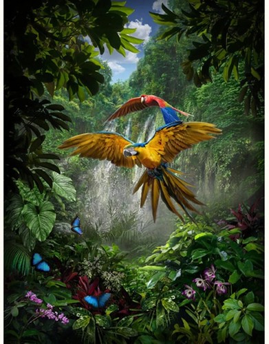 3 Yards Digital Quilt Baumwollstoff - Hoffmann Regenwald Papageien Vögel Amazonas