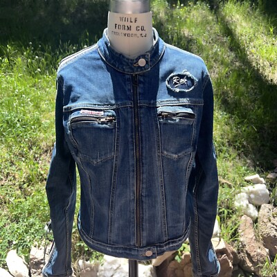Y2K Hudson Jean Jacket With Racer Stripe On Sleeve Zip Front With Patches M