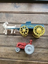 Vintage Painted Cast Iron Billy Goat Kid Pulling Express Wagon Toy Red Tractor