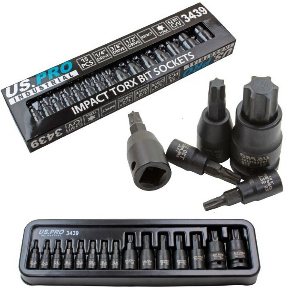 US PRO Impact Torx Bit Socket Set 15pc 1/4"" 3/8"" 1/2"" Sockets Set 3439 - Image 6