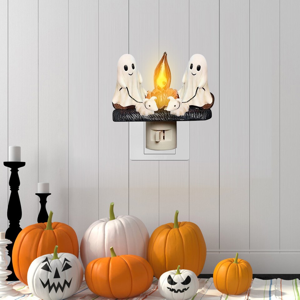 2 Ghosts Roasting Marshmallows at Campfire Cute Ghost Halloween Night