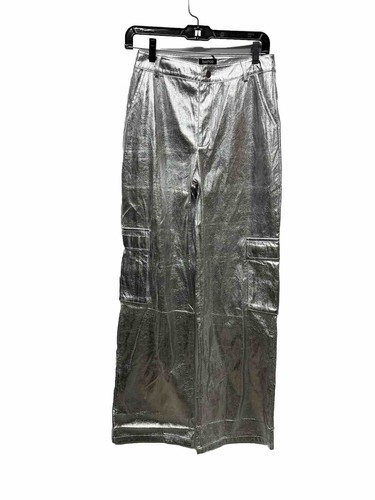 Boohoo Women's Size US 2 Silver Metallic High Waisted Cargo Pants NWT