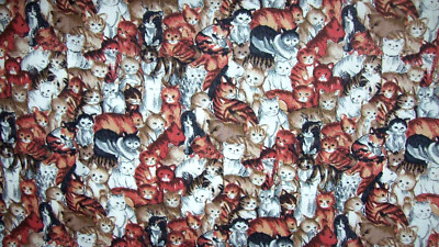 Hi Fashion Fabrics ~ Cats Cuddling White Brown Orange Cotton 44  wide x 1/2 yd