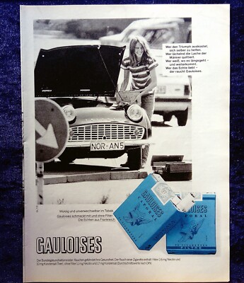 Gauloises Zigaretten, originale Werbung aus 1981   mit Triumph TR 3