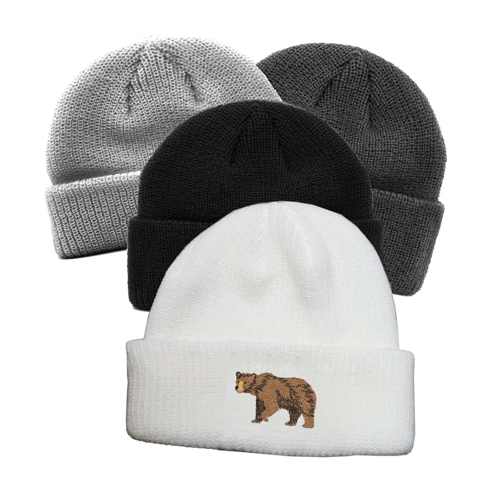 Brown grizzly bear embroidered docker beanie hat, camping hat, docker beanie hat