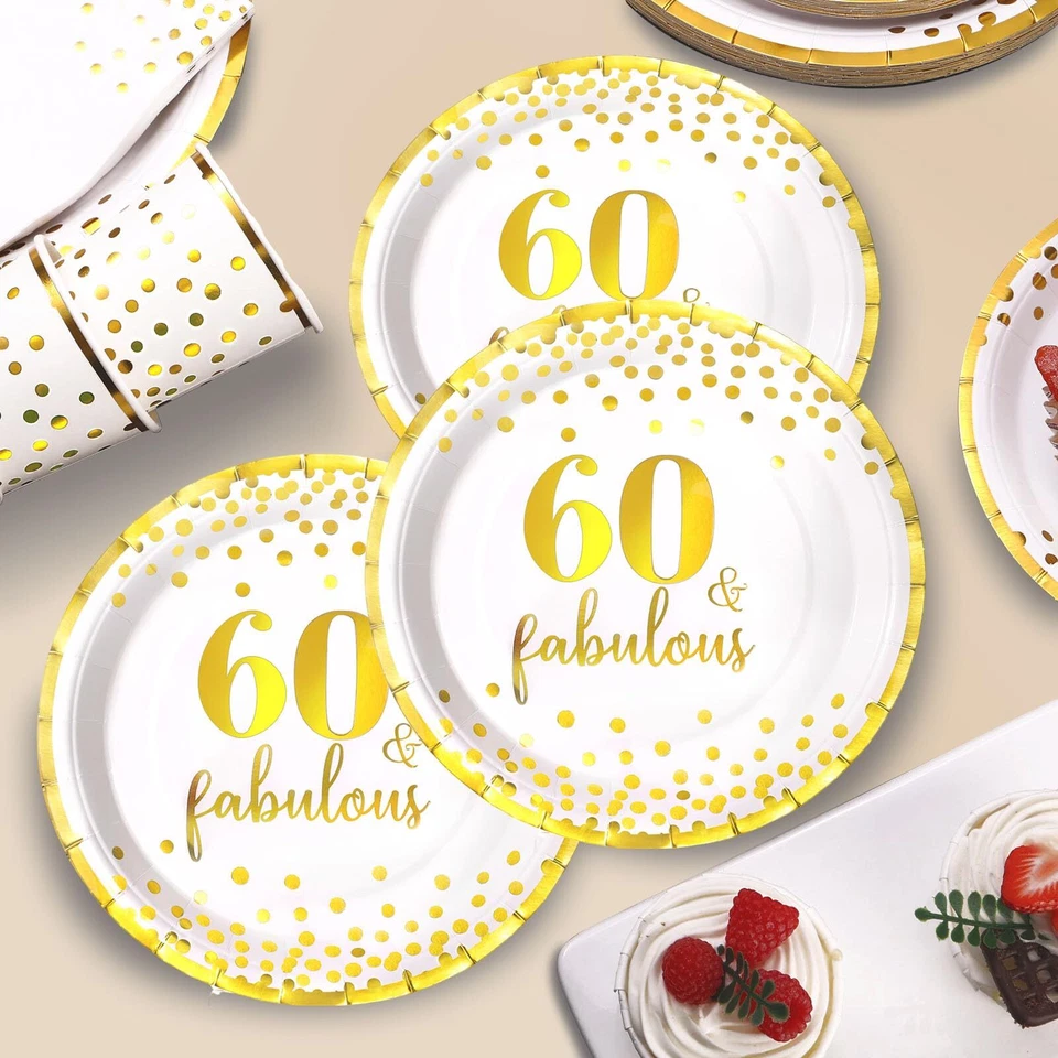 168 piezas 60 cumpleaños decoraciones puntos dorados platos servilletas aniversario servir 24 Foto 3 de 4