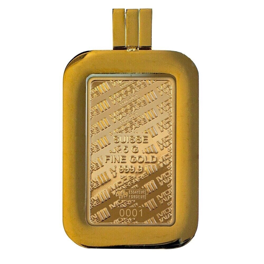 Gold bar pendant with “SUISSE 5 G FINE GOLD 999.9” text, enclosed in a polished gold frame with engraved patterns.