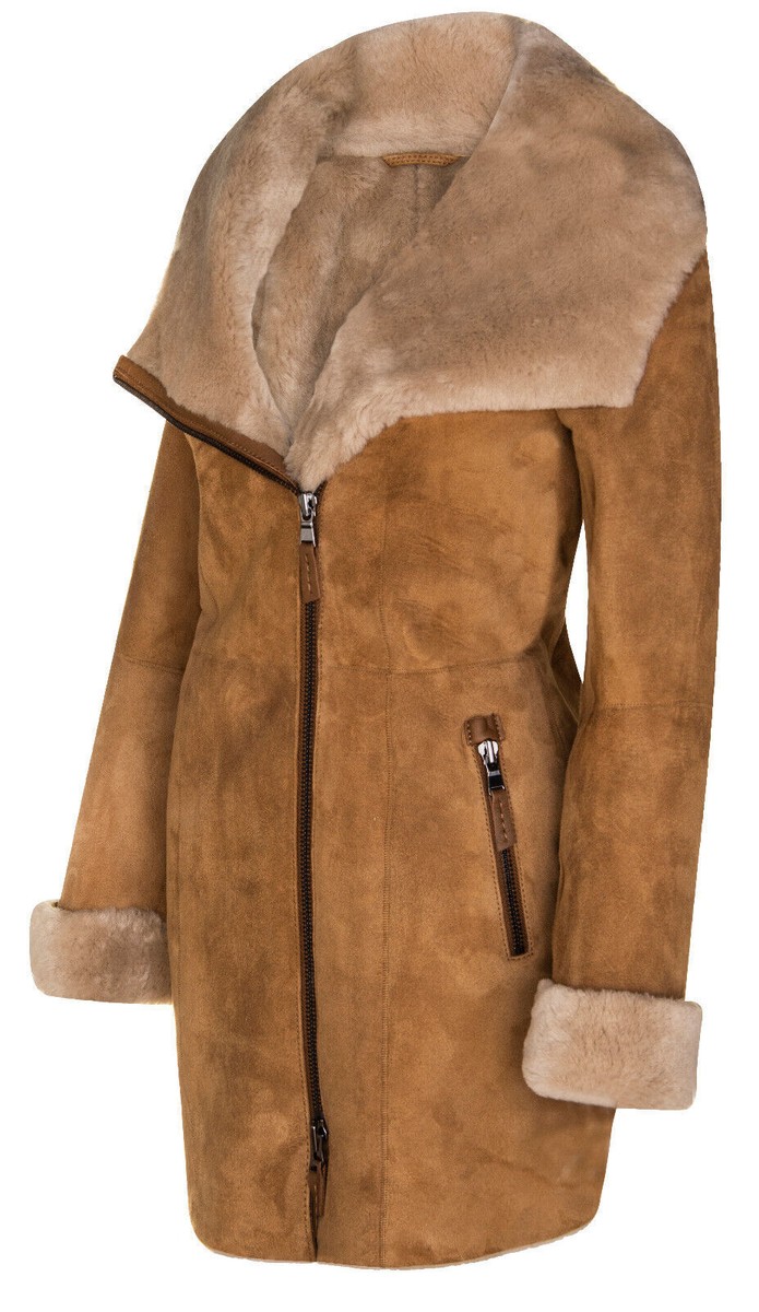 Ladies Tan Hooded Suede Shearling Sheepskin Coat Spanish Merino