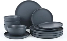 Famiware Dawn Plates and Bowls Sets, 12 Pieces Stoneware Dinnerware Charcoal 