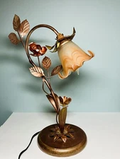 Vintage Florentine Gilt Tole Brass Gold Rose Flower Leaf Lamp Hollywood Regency