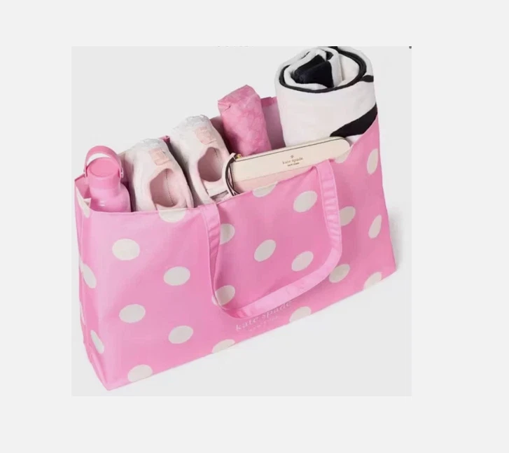 Borsa Kate Spade rosa a pois cotone tela riutilizzabile nuova spesa spiaggia