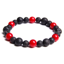 6-8mm Black Lava Rock & Red Coral Round Gemstone Beads Elastic Bracelet 7.5"