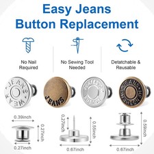 8 Sets Buttons Pins for Loose Jeans, No-Sew Adjustable and Reusable Metal Pan...