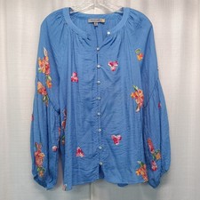 Figueroa  Flower Womens Blue Floral Embroidered Button Front Blouse Medium Boho