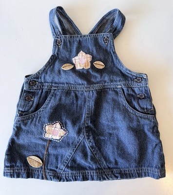 Vintage 90s Toddler Denim Jumper Dress Floral Appliqué Y2K Cotton Patchwork 18M