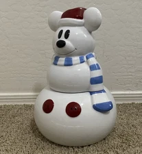 Vintage Disney Mickey Mouse Snowman Christmas White Cookie Jar Blue Scarf Hat
