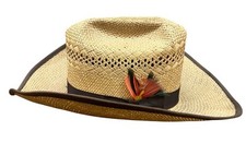 Vtg 1970  s Resistol Self Conforming Straw Cowboy Western Hat 7 1/8 Band Feather