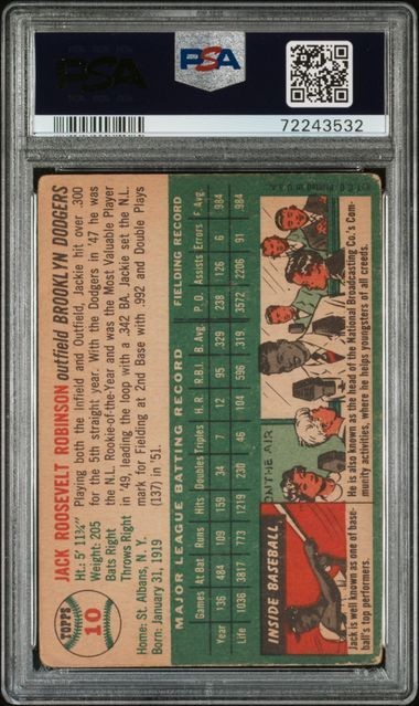 1954 TOPPS JACKIE ROBINSON  #10  PSA 2  (NEW LABEL) view 2