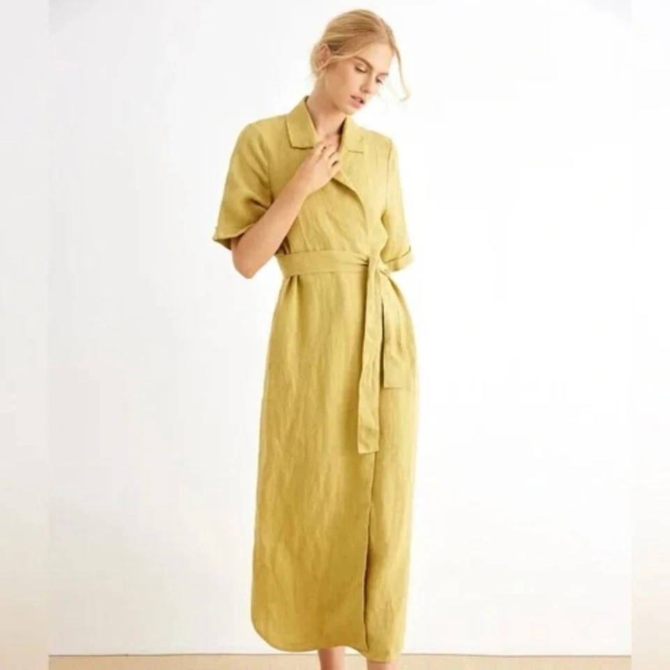 Vestido Grae Cove Nuevo con Etiquetas Gwyneth Lino Amarillo Natural Midi Envolvente con Cinturón Para Mujer Grande Foto 2 de 4