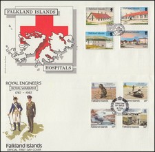 Falkland Islands 460-475 Year 87, FDC Complete pioneers seals mushrooms hospitals