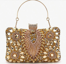 EVENING BAG- Gold w/Gold Jewels Rhinestones Clutch Bag Gold Handle