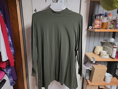 Denim & Co Essentials Size 3X Green Long Sleeve Mock Turtle Neck Stretch Top NEW