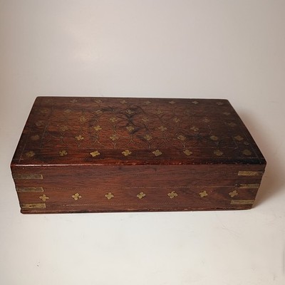 Vintage Brass Inlay Wood Box Jewelry Trinket British India