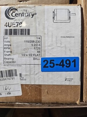 CENTURY 4UE79 Belt Drive Motor, 1 Sp, Open, Cradle Base Mount, 1/4 HP, 1,725 RPM