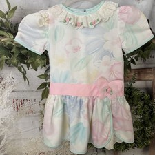 Vintage 80s 90s Girls Dress Floral Cottagecore Pastel Watercolor 3T Drop Waist