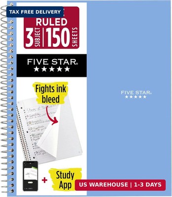 Five Star Spiral Notebook + Study App, 3 Subject, Wide Ruled Paper, 8'' x 10-1/2''