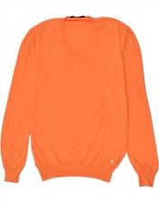 GUESS Mens V-Neck Jumper Sweater Large Orange Cotton BA14