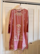 3 Pcs Pink Floral Embroidered Lawn with Pearls Pakistani Indian Dress Large