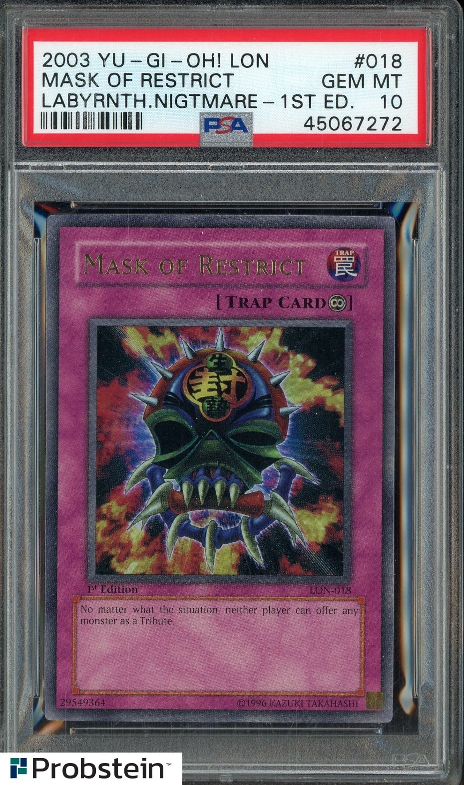2003 Yu-Gi-Oh! Labyrinth of Nightmare 1st Edition #018 Mask of Restrict PSA 10 view 1