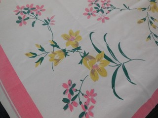 Vintage 1950's SIMTEX Pink Yellow Green Floral Border Tablecloth MCM 49 x 52"