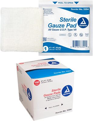 Dynarex Sterile Gauze Pads 4'' X 4'', 12 Ply Single Wound Care 3354 100 Bandages