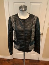 Tory Burch Black & White Tweed Jacket w/ Vegan Leather Panels, Size 10