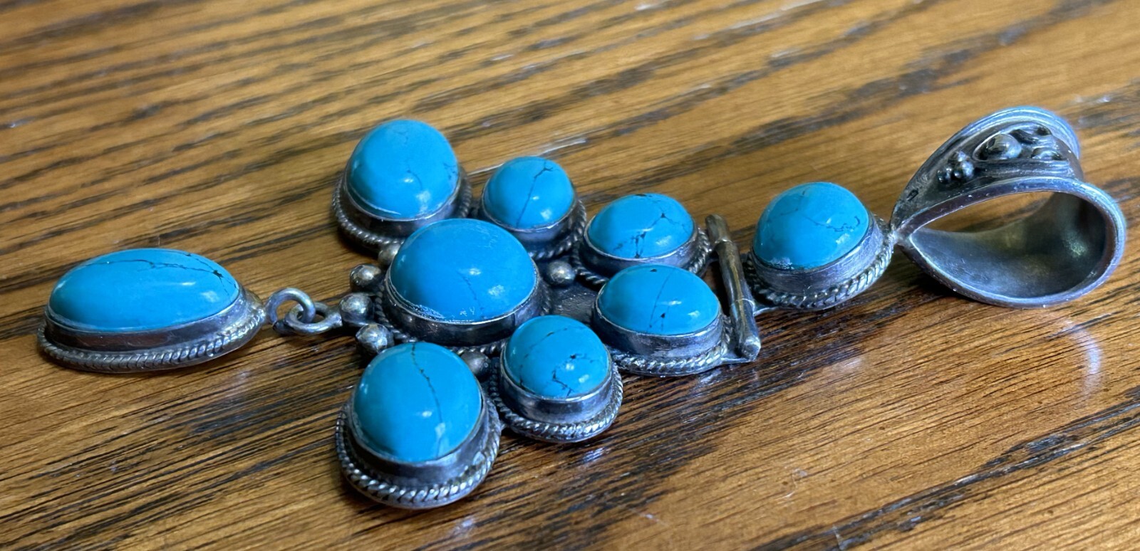 Large Sterling Silver Hinged Cluster Turquoise Da… - image 2