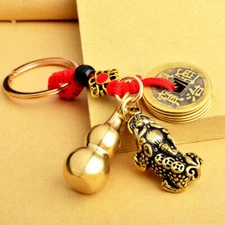 Brass Pixiu Auspicious Beast Keychain Feng Shui Pendant Key Ring Dangle Charm