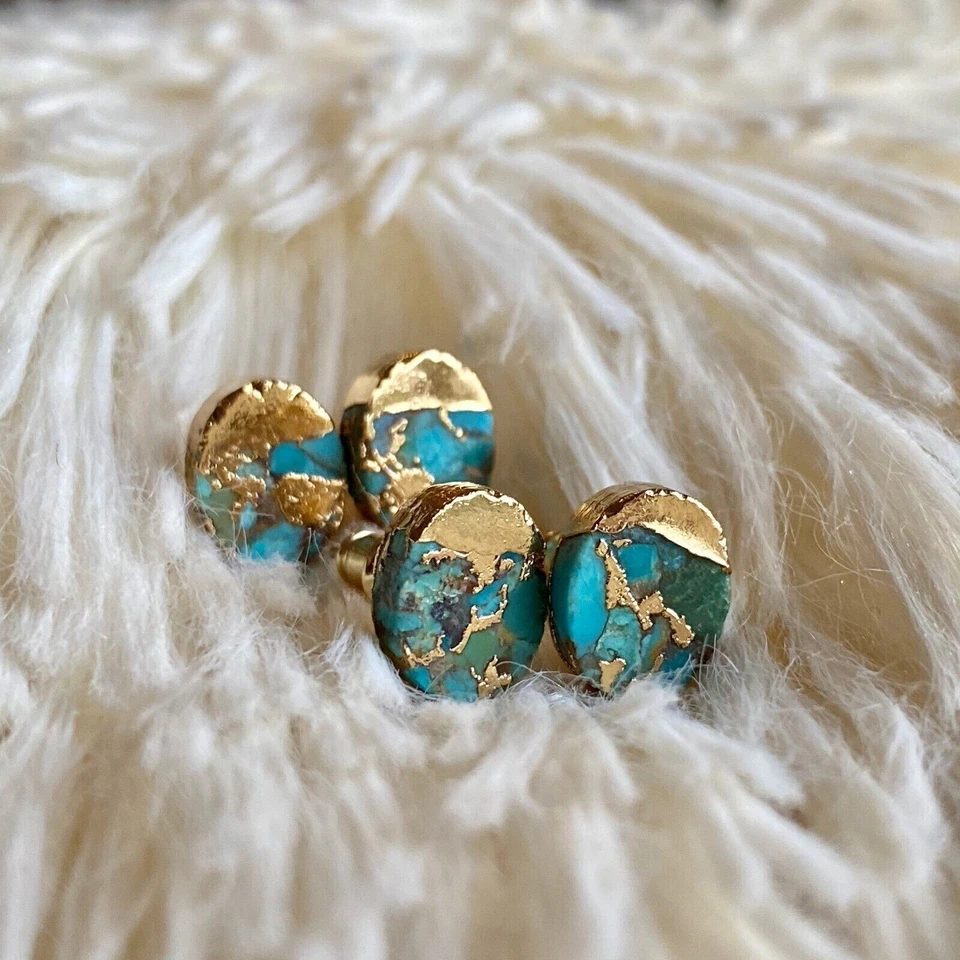 Genuine Turquoise Gold Plated Women Healing Reiki Dainty Oval Stud Earrings Gift - Image 3 of 3
