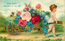 Postcard Angelic Child Pulls Wheelbarrow of Roses - Gelatin Finish circa 1909