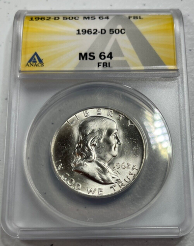 1962-D Franklin US Half Dollar, MS64 by ANACS, FBL, SUPERB looking coin!!
