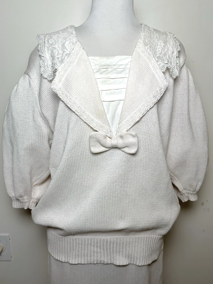 Vtg 80s Scott McClintock L Pink White Sailor Hand Loomed Knit Sweater Skirt Set - Image 4 of 4