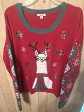 33 Degrees Llama Ugly Christmas Sweater XL Red Green Glitter Pom Pom Funny